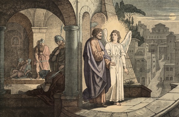 Scene from the biblical story, story of how the apostle Peter is saved by an angel, authentic