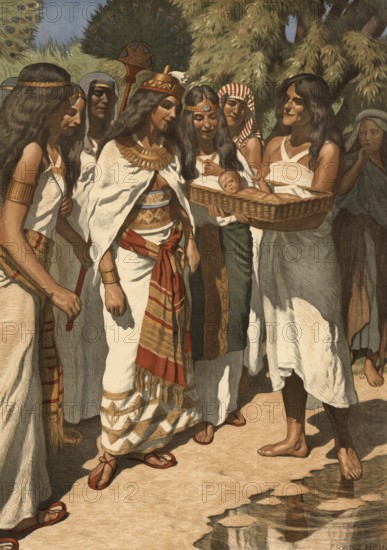 Scene from the biblical story, Moses as a baby is found by the pharaoh's daughter in a reed basket
