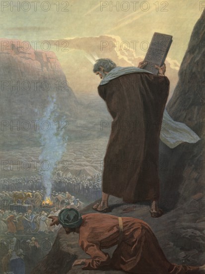 Scene from the biblical story, Moses at Mount Sinai with the law plates, authentic reproduction of