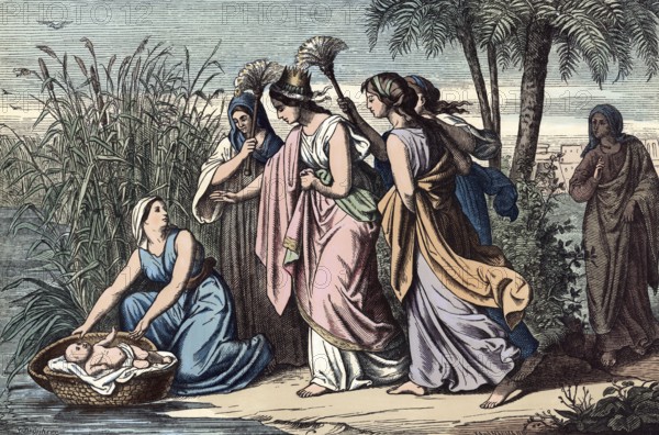 Scene from the biblical story, Moses as a baby is found by the pharaoh's daughter in a reed basket