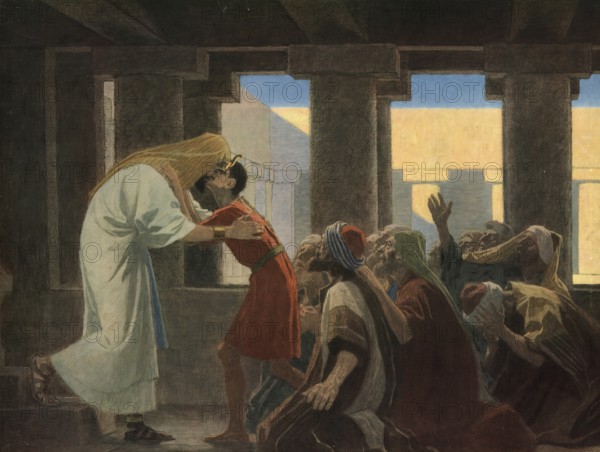 Scene from the biblical story, Joseph reveals himself to his brothers, authentic reproduction of a