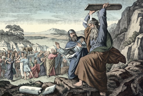 Scene from the biblical story, Moses breaks the tablets of the law because he catches the people of