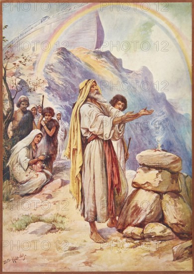 Scene from the biblical story, sacrifice of Noah, first action of Noah after he and his family had