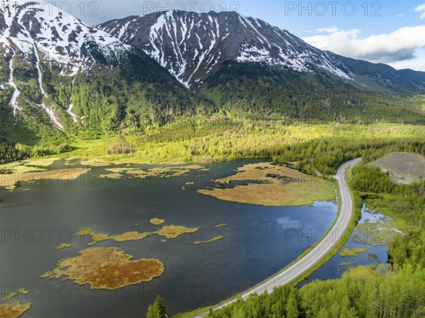 Lake Tern Lake and mountain landscape, aerial view, Moose Pass, Kenai Peninsula, Alaska, USA