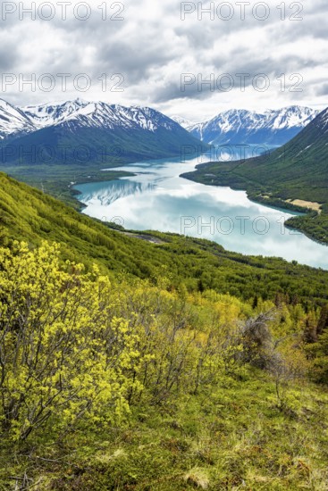 View of snowy mountains and turquoise lake Kenai Lake, Slaughter Ridge Trail, Cooper Landing, Kenai