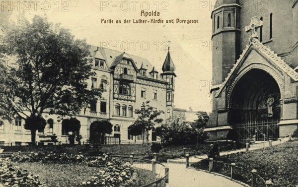 Apolda, Luther Church and Dorngasse, Weimarer Land district, Thuringia, Germany, postcard, view