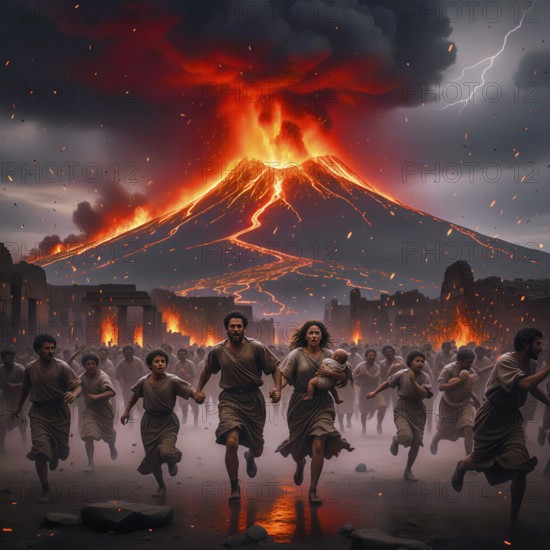 People are running for their lives, the fall of the Roman city of Pompeii in 79 AD due to an