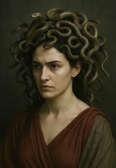 Portrait of Medusa with snakes in her hair, Greek mythology, symbolic image antiquity, meduse,