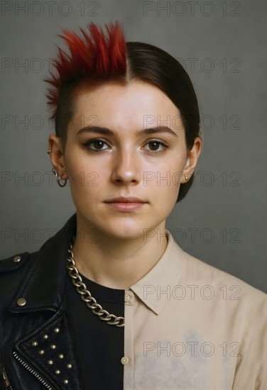 A young woman with two faces, one conservative and one rebellious, symbol punk, punk, mohawk cut,