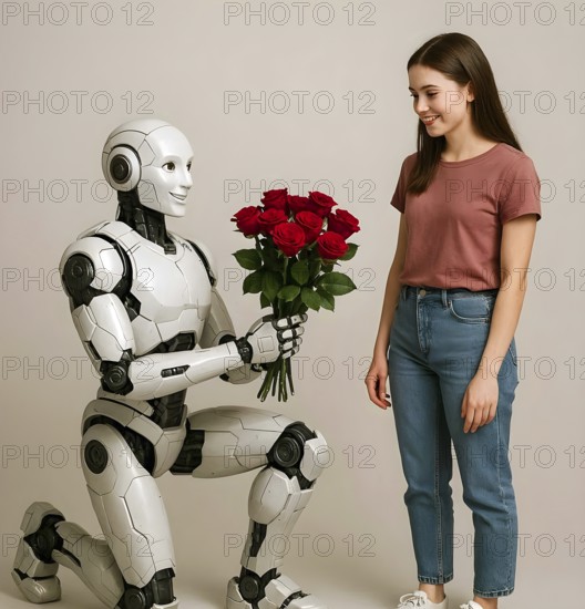 A humanoid robot kneels in front of a woman and hands her a bouquet of red roses, symbol Android,