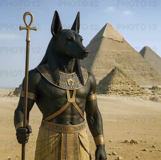 Anubis with the head of a jackal, Egyptian god in front of the pyramids of Giza, symbolic image