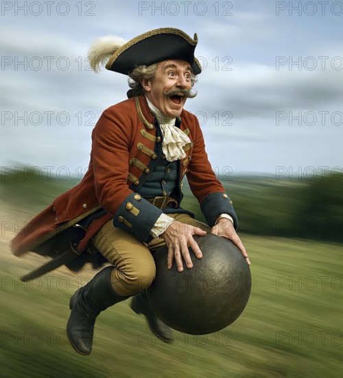 The lying baron Münchhausen riding on the cannonball, symbolic picture Baron, riding, fairy tale,