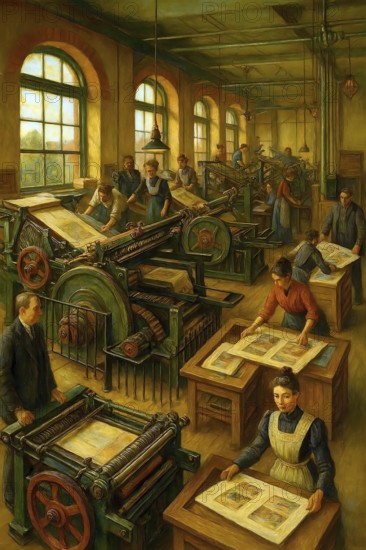 Machine room in Julius Dittenfeld's letterpress, Berlin, historical illustration from the history