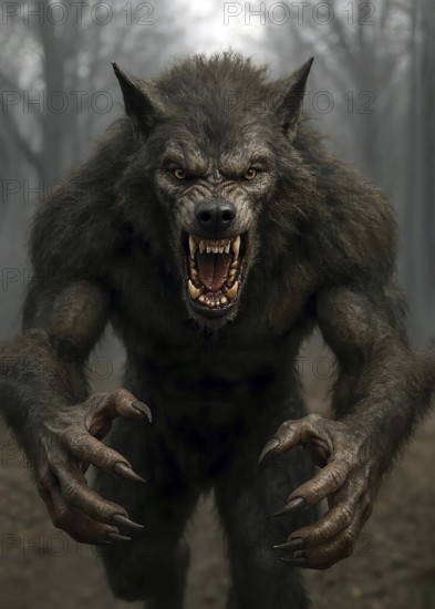 A werewolf after transformation in a dark forest, symbolic image beast, mythology, legend, horror,