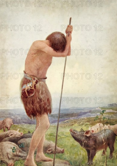 Scene from the biblical story, The Prodigal Son, authentic reproduction of a school mural,