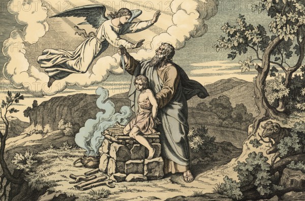 Scene from the biblical story, God asks Abraham to sacrifice his beloved son Isaac on Mount Moriah