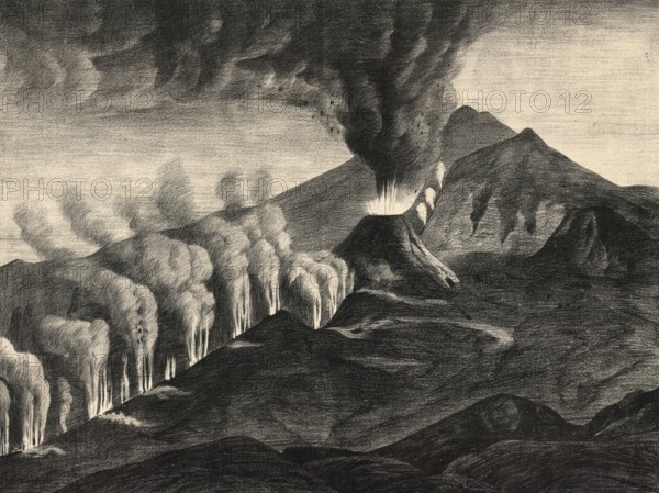Eruption of Etna on August 29, 1874. Crevice formation and lateral cone, Sicily, Italy, authentic