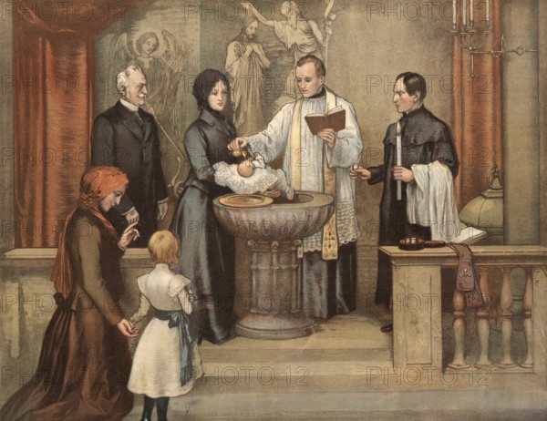 Scene from the biblical story, symbolic photo baptism, central Christian ritual for admission to