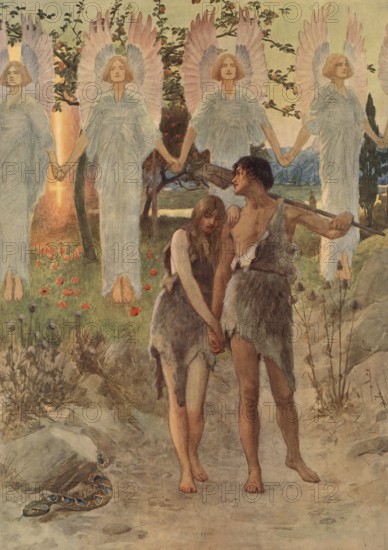 Scene from the biblical story, Adam and Eve are the first human couple according to the Bible who