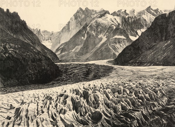 Crevices on the Chamouny Glacier, the famous Mer de Glace in the Mont Blanc massif near Chamonix,