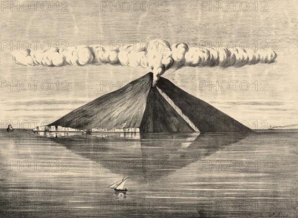 Stromboli volcano, seen from the northwest, Lipari Islands, Italy, authentic reproduction of a