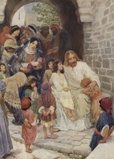 Scene from the biblical story, Christ Blessing the Children, Child Blessing Jesus, authentic