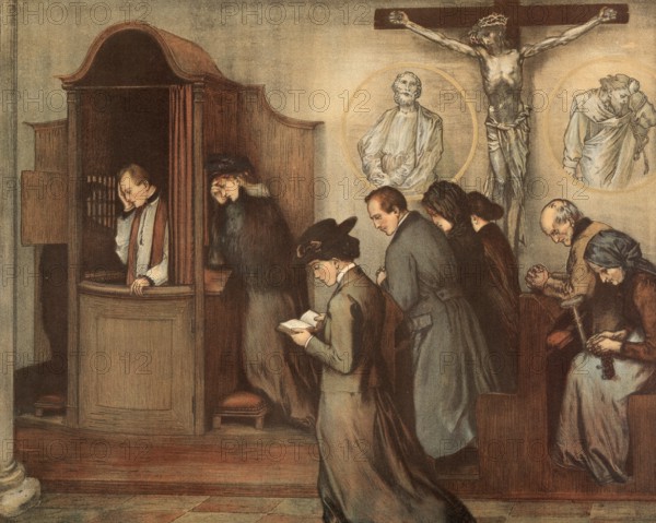 Scene from the biblical story, confession of sins in front of a priest, authentic reproduction of a