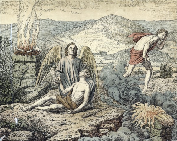 Scene from the biblical story, Cain and Abel, a central story from Genesis, the Bible, in which the