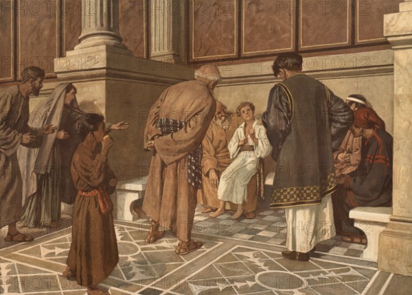 Scene from the biblical story, the story of the twelve-year-old Jesus in Tempe, discovery in the