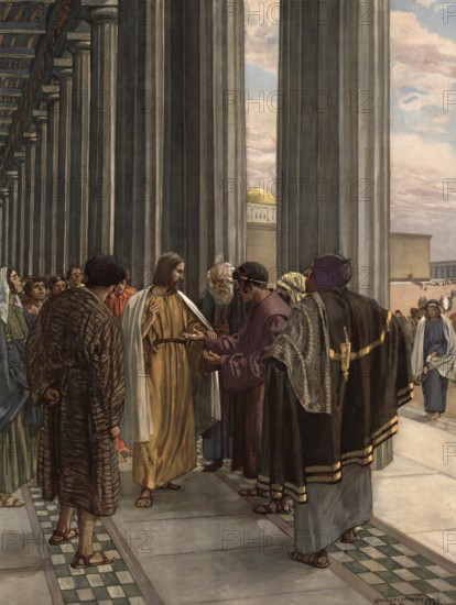 Scene from the biblical story, The Interest Groschen, a famous New Testament theme in which Jesus