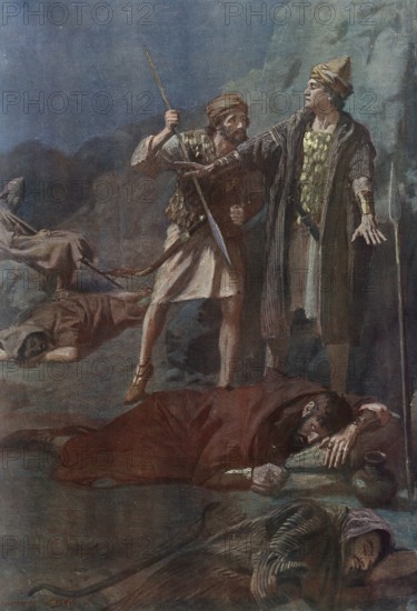 Scene from the biblical story, David spares Saul, central biblical story in which David had the