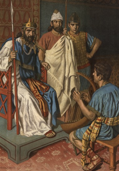 Scene from the biblical story, David plays in front of Saul, In the biblical story, young David