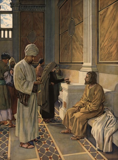 Scene from the biblical story, The Little Little Widow, well-known story from the New Testament, in