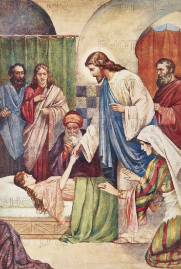 Scene from the biblical story, The Raising of the Daughter of Jairus is a well-known miracle of
