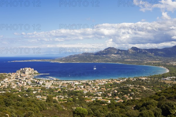 View of Calvi Citadel and Calvi Bay, in the background Cap Corse, Haute-Corse Department, Balagne,