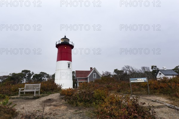 Historic lighthouse, Nauset lighthouse, twilight in autumn, Cape Cod National Seashore in Eastham,