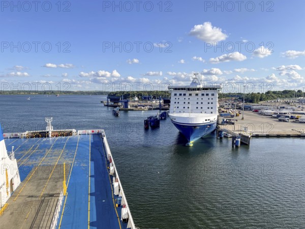 Large ferry is located in the port of Travemünde on, Scandinavia quay in the foreground dcas