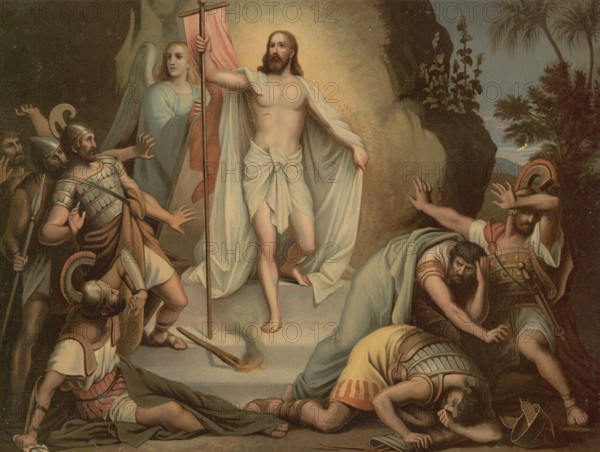 Scene from the biblical story, The Resurrection of Jesus Christ, authentic reproduction of a school