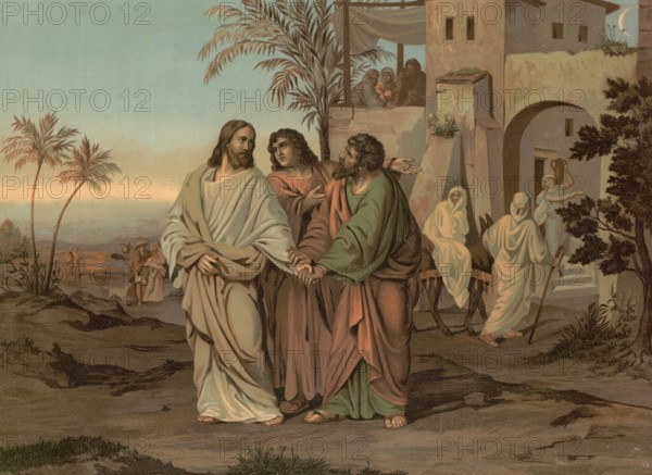 Scene from the biblical story, On the Day of Jesus' Resurrection, two disciples, one of them named