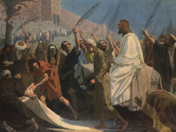 Scene from the biblical story, The Entry of Jesus into Jerusalem, authentic reproduction of a