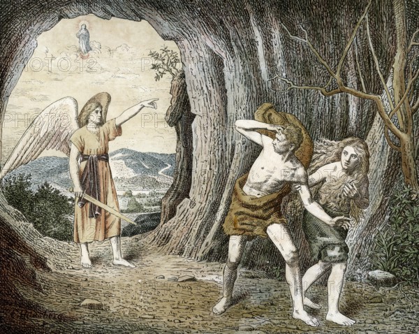 Scene from the biblical story, The Expulsion from Paradise, Adam and Eve, authentic reproduction of