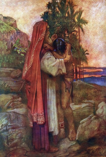 Scene from the biblical story, the famous biblical parable of the prodigal son, authentic