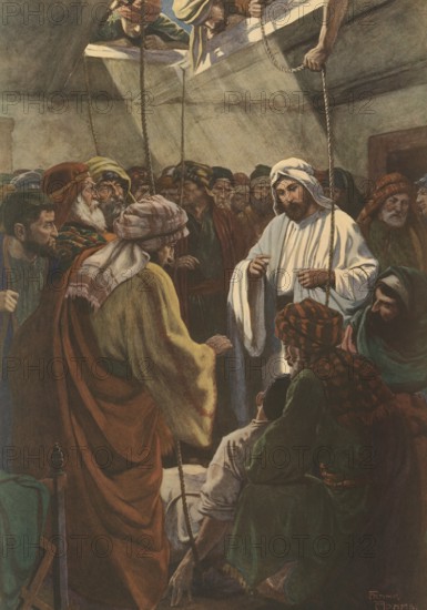 Scene from the biblical story, In the Bible, the story of the man with four friends refers to the