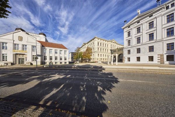 State Archive, University, State Chancellery, historic buildings, sidewalk, street, trees, shade of