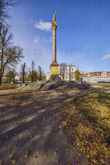 Victory column, general architecture, houses, trees with autumn leaves, meadow, fallen leaves, blue
