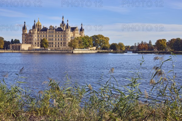 Castle, lake Burgsee, reed (Phragmites australis), trees, bushes, water surface with small waves,