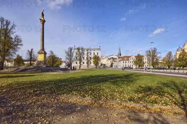 Victory column, general architecture, houses, trees with autumn leaves, meadow, fallen leaves,