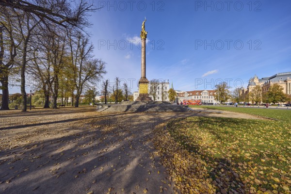 Victory column, general architecture, houses, trees with autumn leaves, meadow, fallen leaves, blue