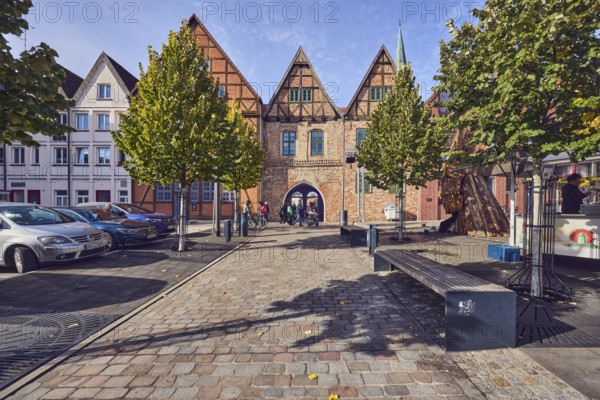 Row of houses, old town, half-timbered building, brick building material, residential building,