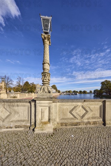 Sandstone wall, lantern, paving stone sidewalk, general architecture, trees, Schweriner Innensee